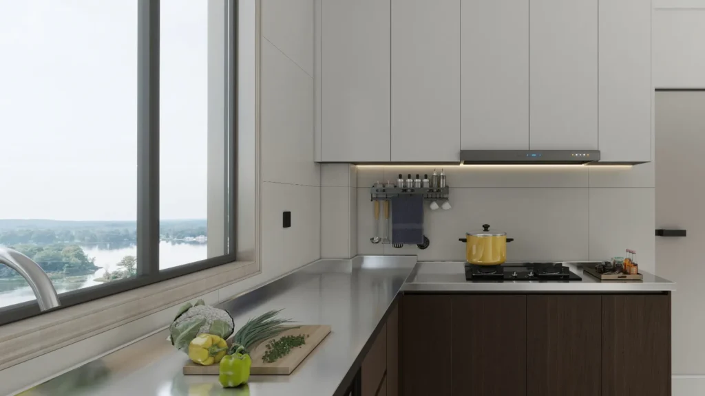 U-shaped modern kitchen with stainless steel countertop, matte upper cabinets and utensil rail by the hob