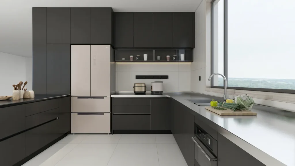 Fridge wall and corner of U-kitchen with glass display shelf, under-cabinet LED and long stainless counter