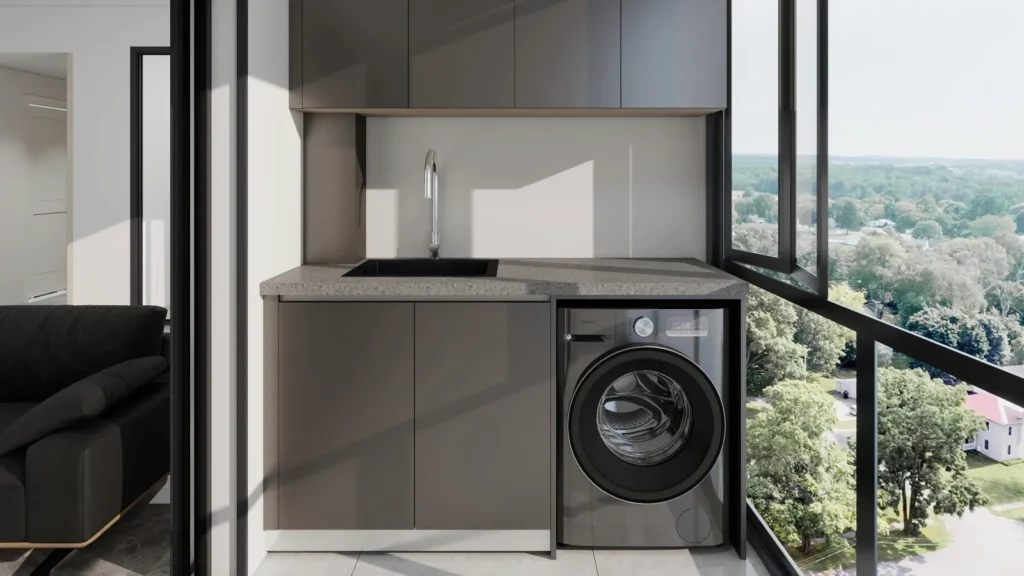 modern laundry cabinet on balcony with undermount sink, quartz/sintered stone top, washer-dryer, matte handleless doors and black frame windows