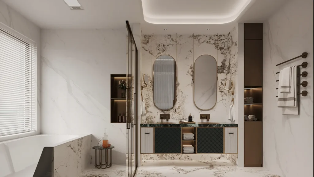 Modern Bathroom: Double Vanity, Smart Toilet & Glass Shower