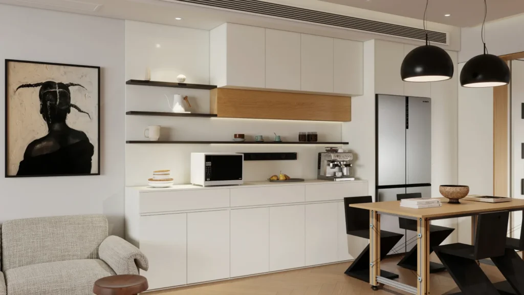 open-plan dining with black pendants and white custom cabinetry