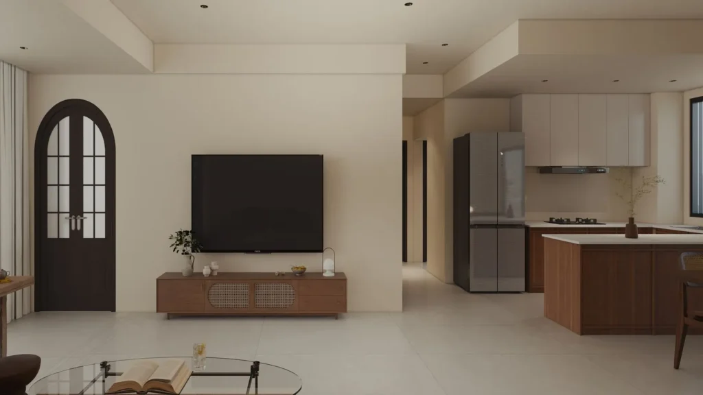 Open-plan kitchen with peninsula, walnut base cabinets, matte white uppers, fridge housing