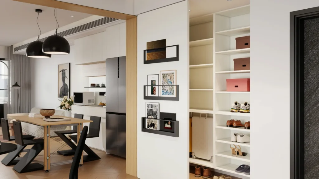 entry shoe cabinet with sliding door and adjustable shelves