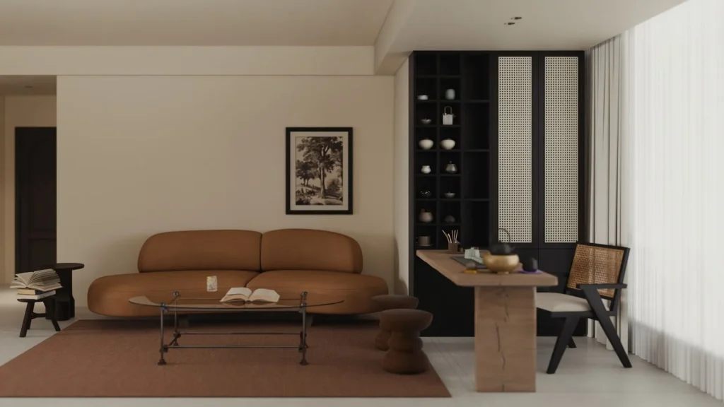 Warm modern living room with caramel curved sofa, glass coffee table, black display wall and cane-door cabinetry