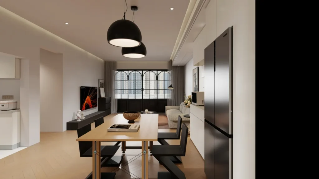 open-plan dining with black pendants and white custom cabinetry