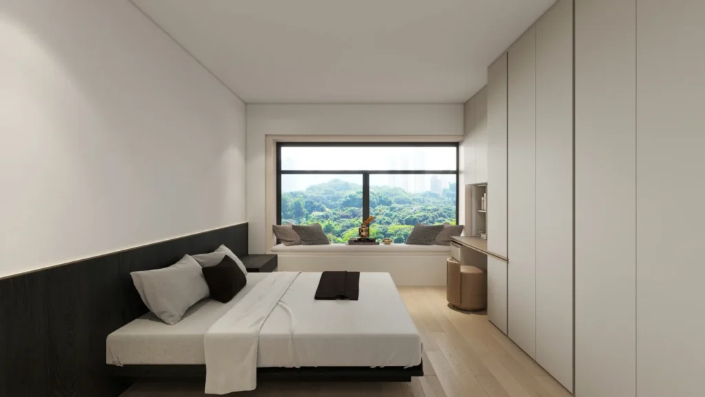 modern bedroom with window seat, LED headboard, and handleless custom wardrobe.
