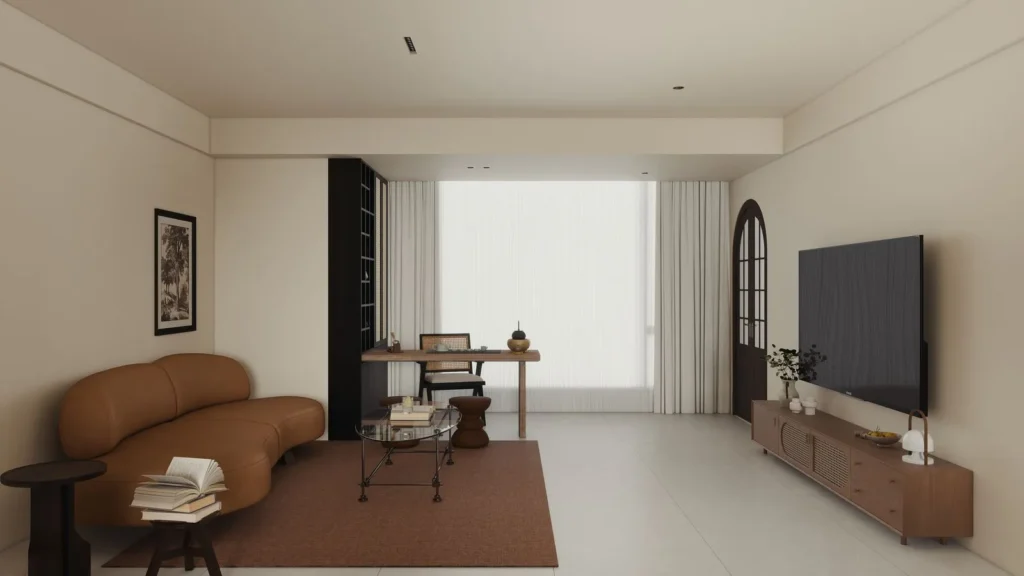 Living room with tea/reading nook, built-in black shelving, cane fronts and media console—soft sheer curtains and arched door