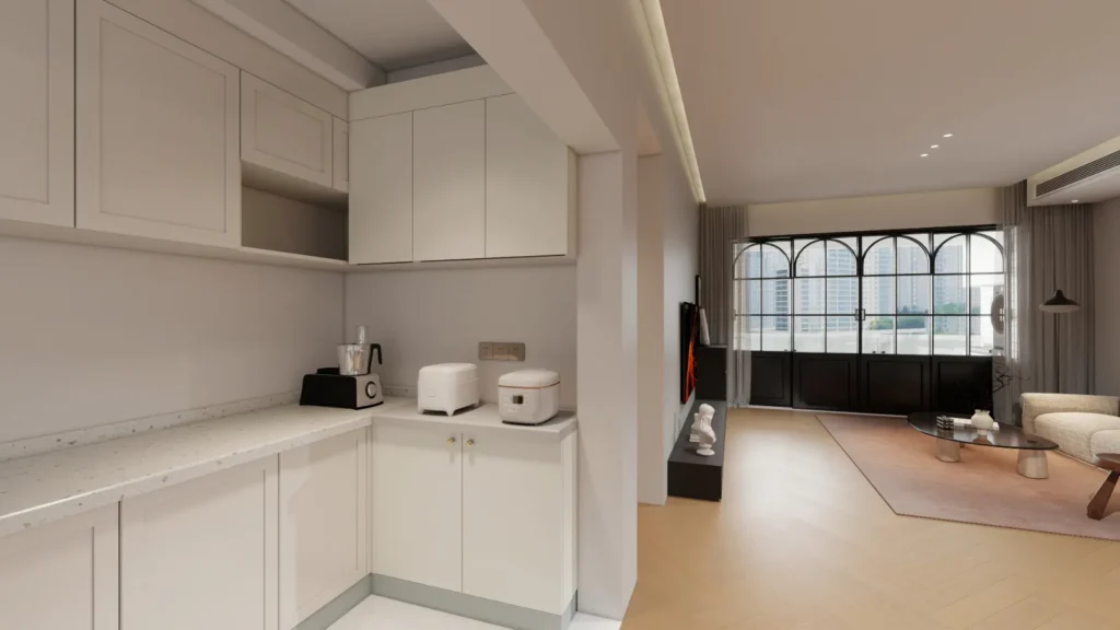 modern kitchen with appliance wall, floating shelves, and coffee bar