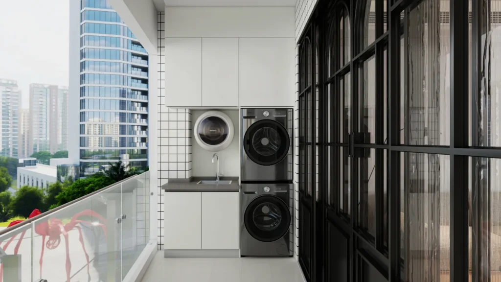balcony laundry cabinet with stacked washer-dryer and sintered stone top