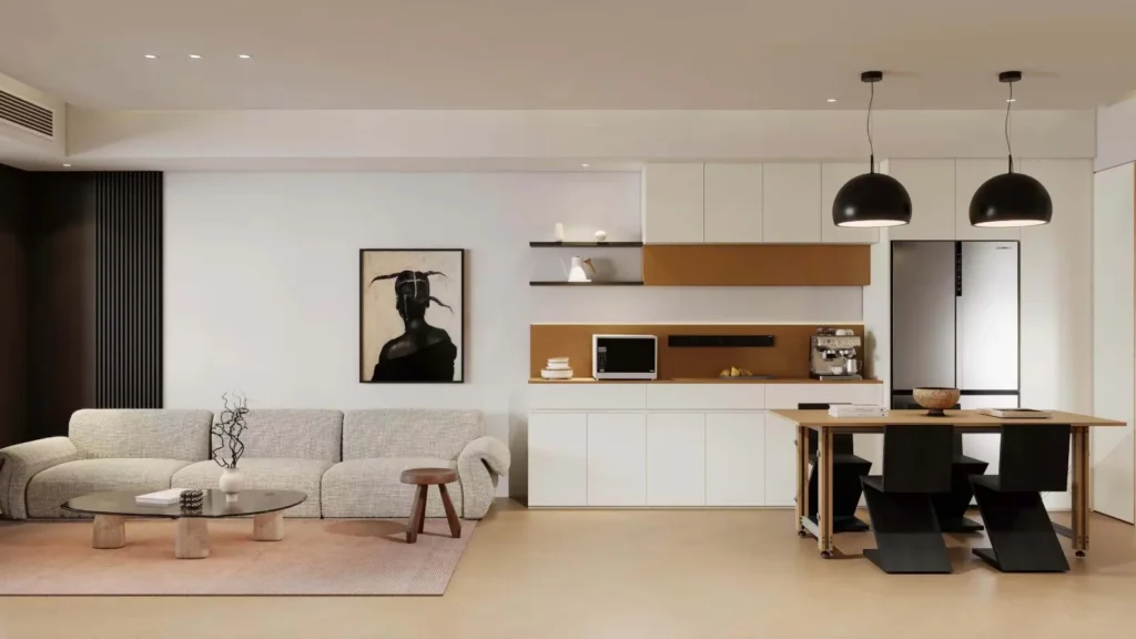 Modern open-plan living-dining with white custom cabinetry, oak accent band, floating shelves, and black pendant lights