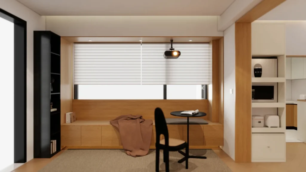 window seat with storage drawers and side bookcase