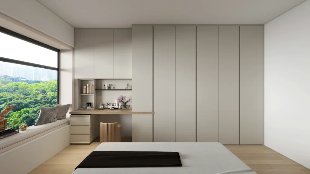 built-in wardrobe wall with makeup vanity/desk, open shelf, and matte greige doors.