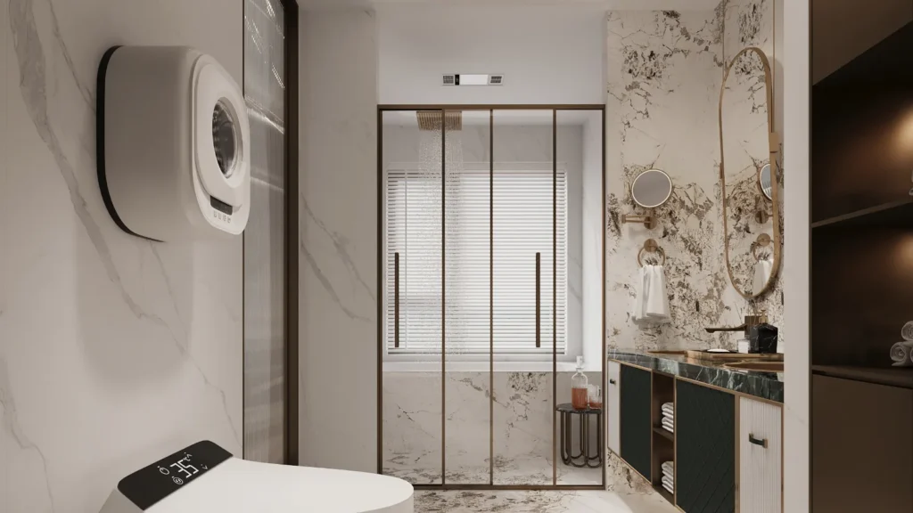 modern bathroom with smart toilet, wet-dry separation, marble-look porcelain, cove lighting