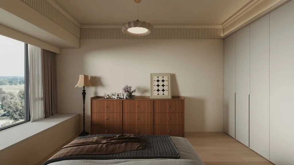 Wall-to-wall wardrobe with integrated pulls and soft-close hardware