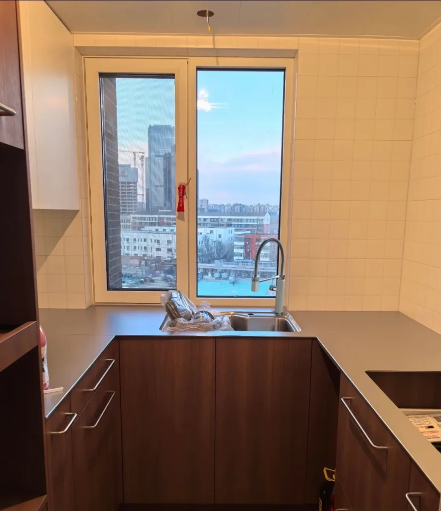 Modern apartment kitchen with 5mm stainless steel countertop and walnut cabinets