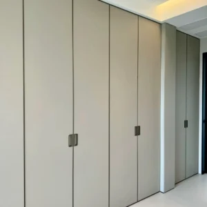 Full-wall custom fitted wardrobe featuring floor-to-ceiling matte grey panels and minimalist dark metal handles.