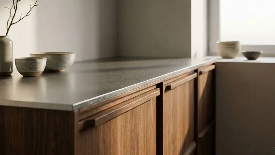 Close up of 5mm solid stainless steel sample, illustrating stainless steel vs wood kitchen cabinets trends for 2025.